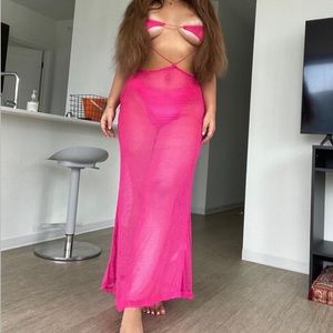 Pink Net Cut Out Strappy Maxi Beach Dress